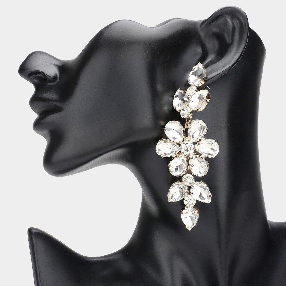 Gold Flower Glass Stone Cluster Accented Evening Earrings - Jewelry Store by Erik Rayo