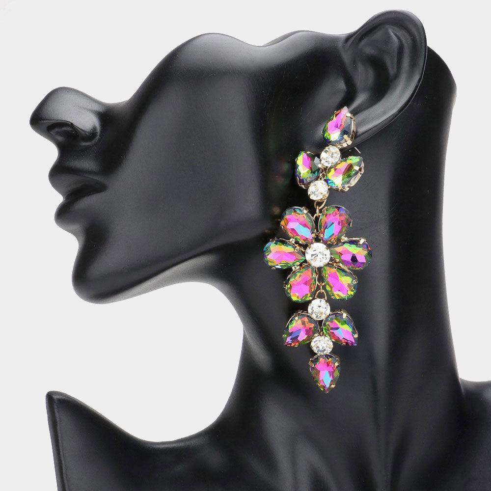 Gold Flower Glass Stone Cluster Accented Evening Earrings - Jewelry Store by Erik Rayo