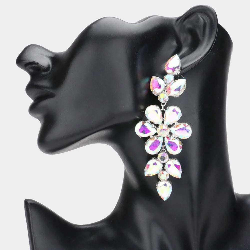 Silver Flower Glass Stone Cluster Accented Evening Earrings - Jewelry Store by Erik Rayo