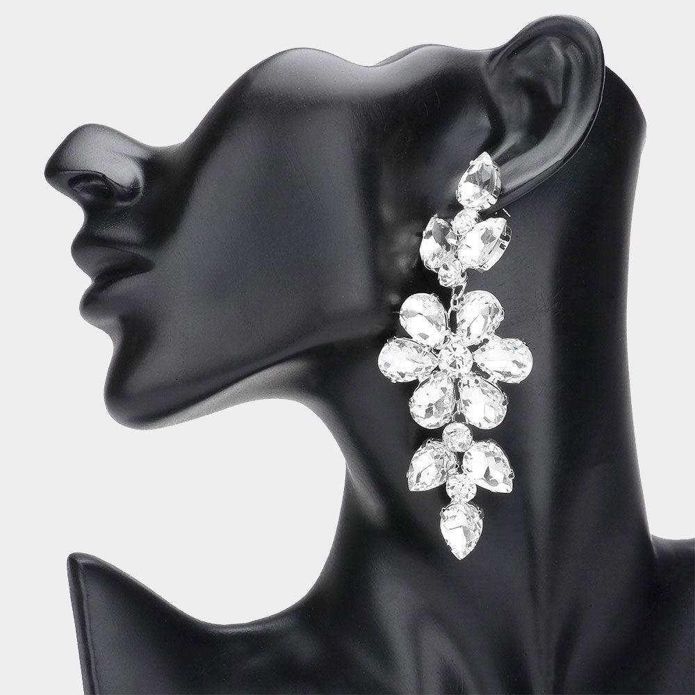 Silver Flower Glass Stone Cluster Accented Evening Earrings - Jewelry Store by Erik Rayo