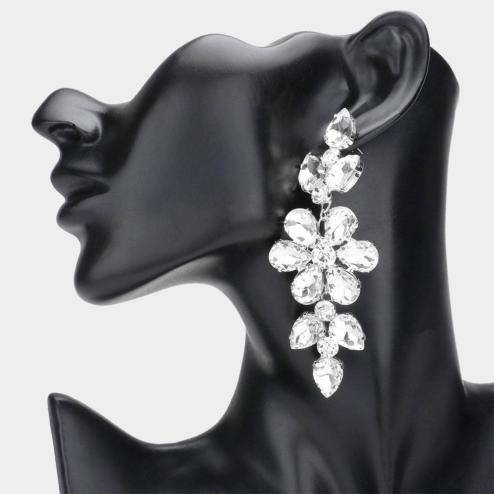 Silver Flower Glass Stone Cluster Accented Evening Earrings