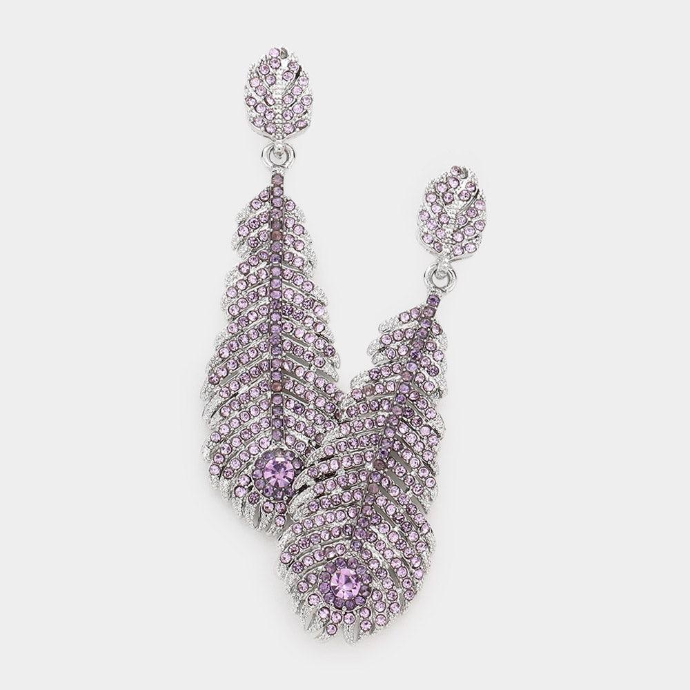 Violet Rhinestone Embellished Feather Dangle Evening Earrings - Jewelry Store by Erik Rayo