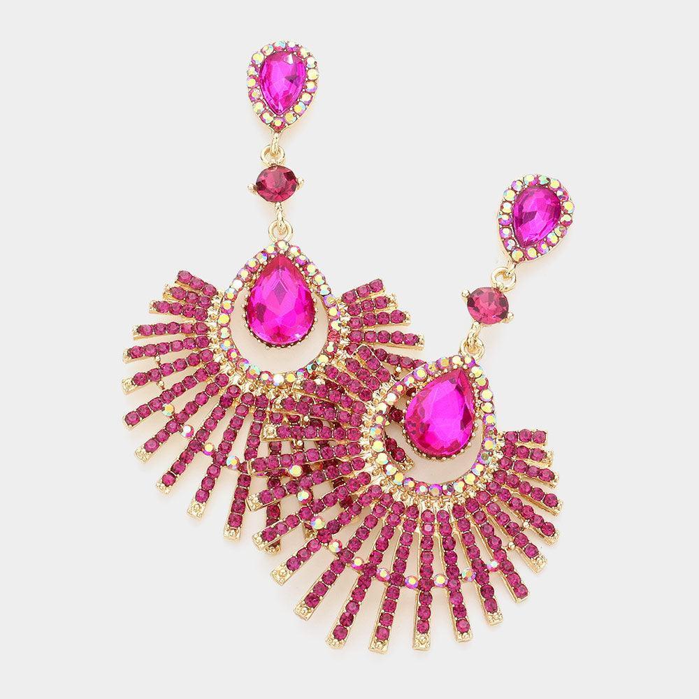 Fuchsia Teardrop Fan Crystal Rhinestone Evening Earrings - Jewelry Store by Erik Rayo