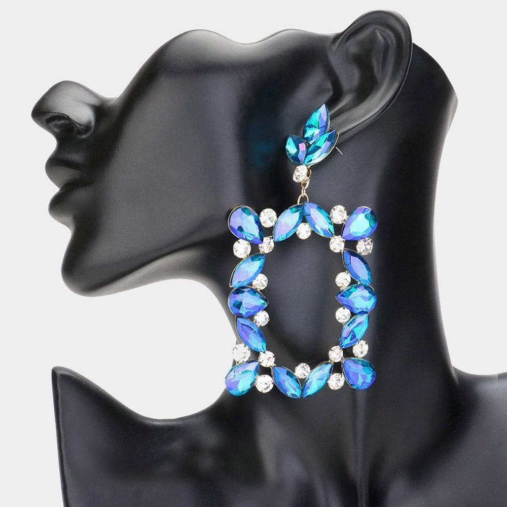 Blue Marquise Round Stone Cluster Open Rectangle Dangle Evening Earrings - Jewelry Store by Erik Rayo