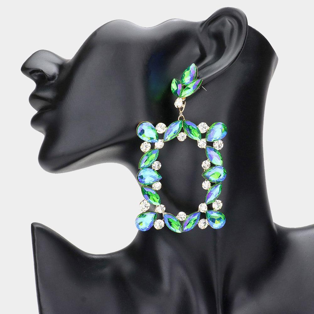 Green Marquise Round Stone Cluster Open Rectangle Dangle Evening Earrings - Jewelry Store by Erik Rayo
