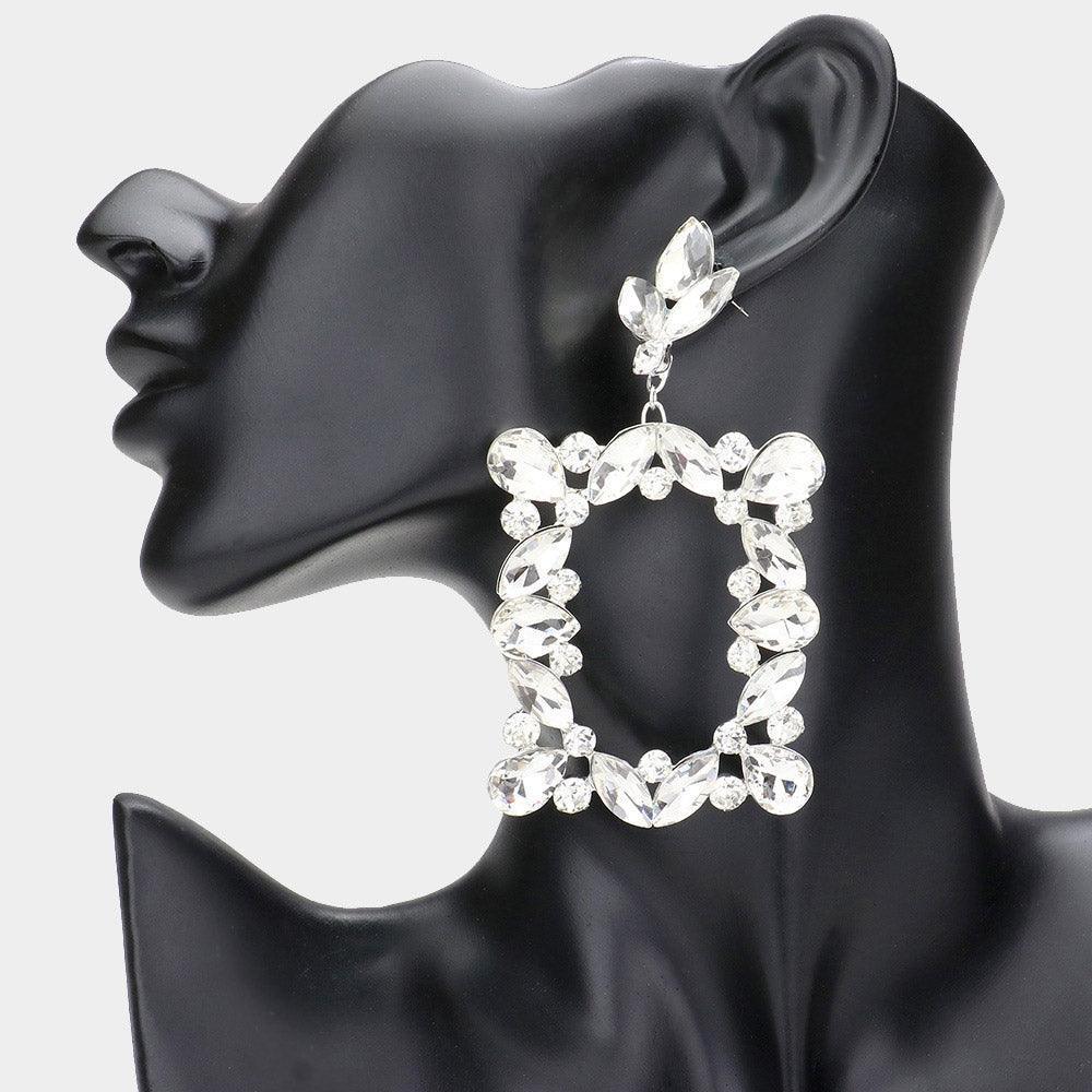 Silver Marquise Round Stone Cluster Open Rectangle Dangle Evening Earrings - Jewelry Store by Erik Rayo