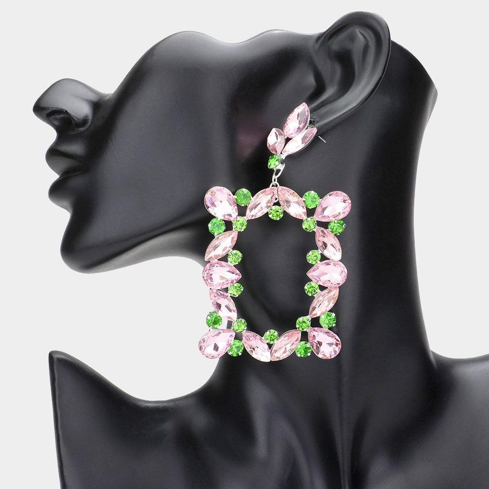 Pink Marquise Round Stone Cluster Open Rectangle Dangle Evening Earrings - Jewelry Store by Erik Rayo