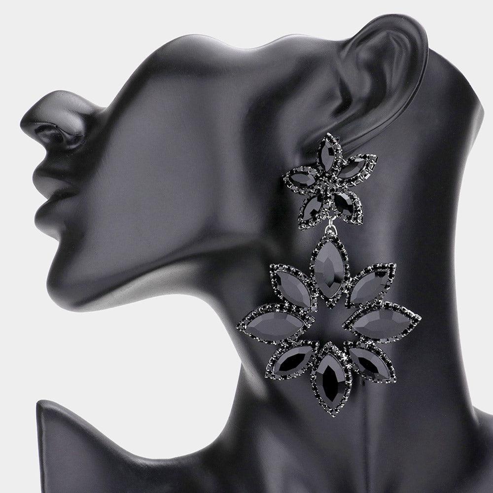 Black Floral Marquise Stone Cluster Dangle Evening Earrings - Jewelry Store by Erik Rayo