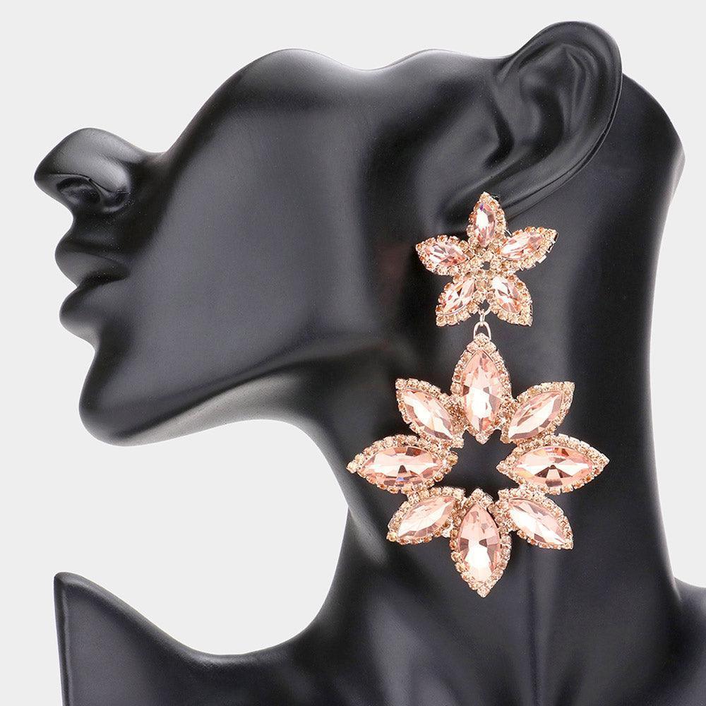 Peach Floral Marquise Stone Cluster Dangle Evening Earrings - Jewelry Store by Erik Rayo