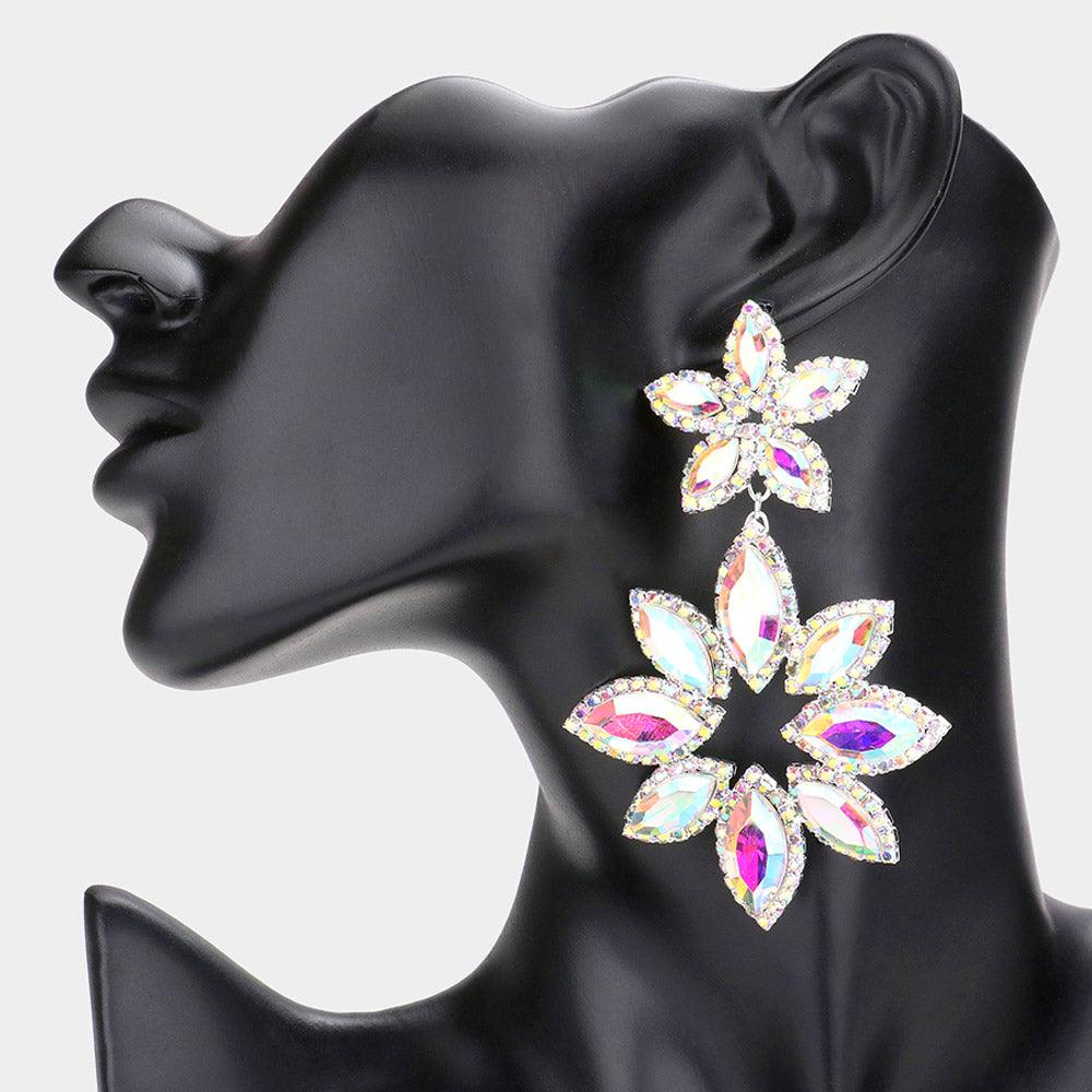 Silver Floral Marquise Stone Cluster Dangle Evening Earrings