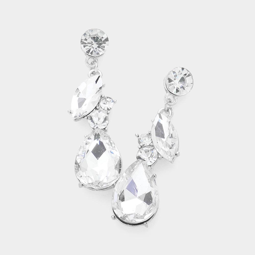 Silver Teardrop Marquise Cluster Dangle Evening Earrings