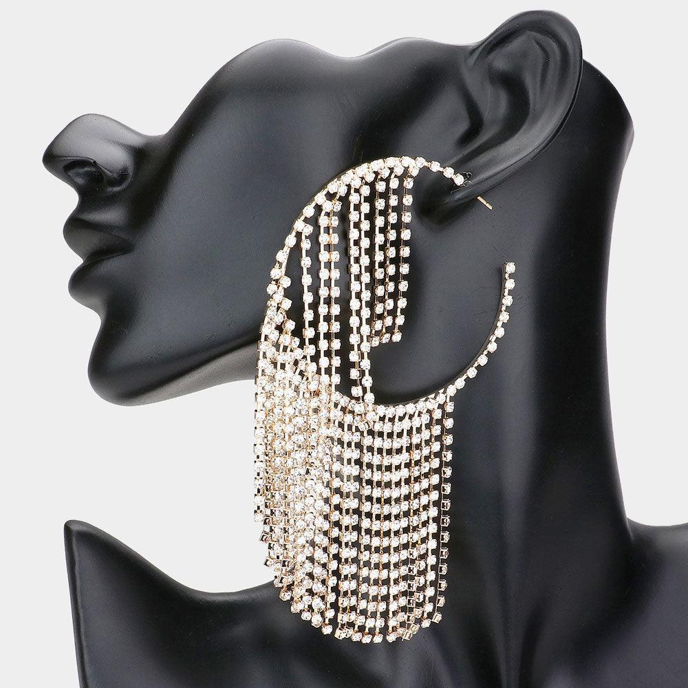 Gold Rhinestone Pave Hoop Fringe All Over Evening Earrings - Jewelry Store by Erik Rayo