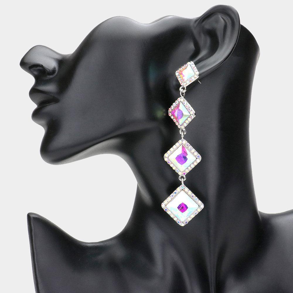 Silver Diamond Stone Cluster Dropdown Evening Earrings