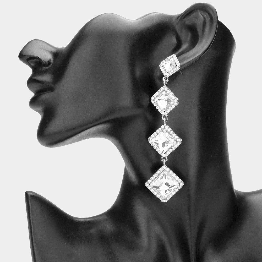 Silver Diamond Stone Cluster Dropdown Evening Earrings