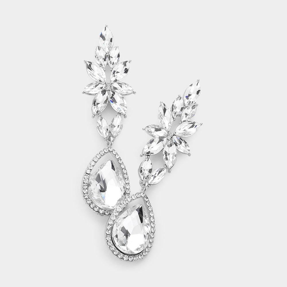 Silver Marquise Teardrop Stone Cluster Evening Earrings