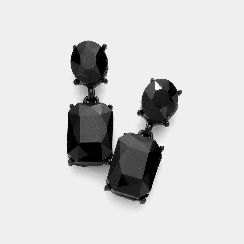 Black Square Stone Cluster Dangle Evening Earrings