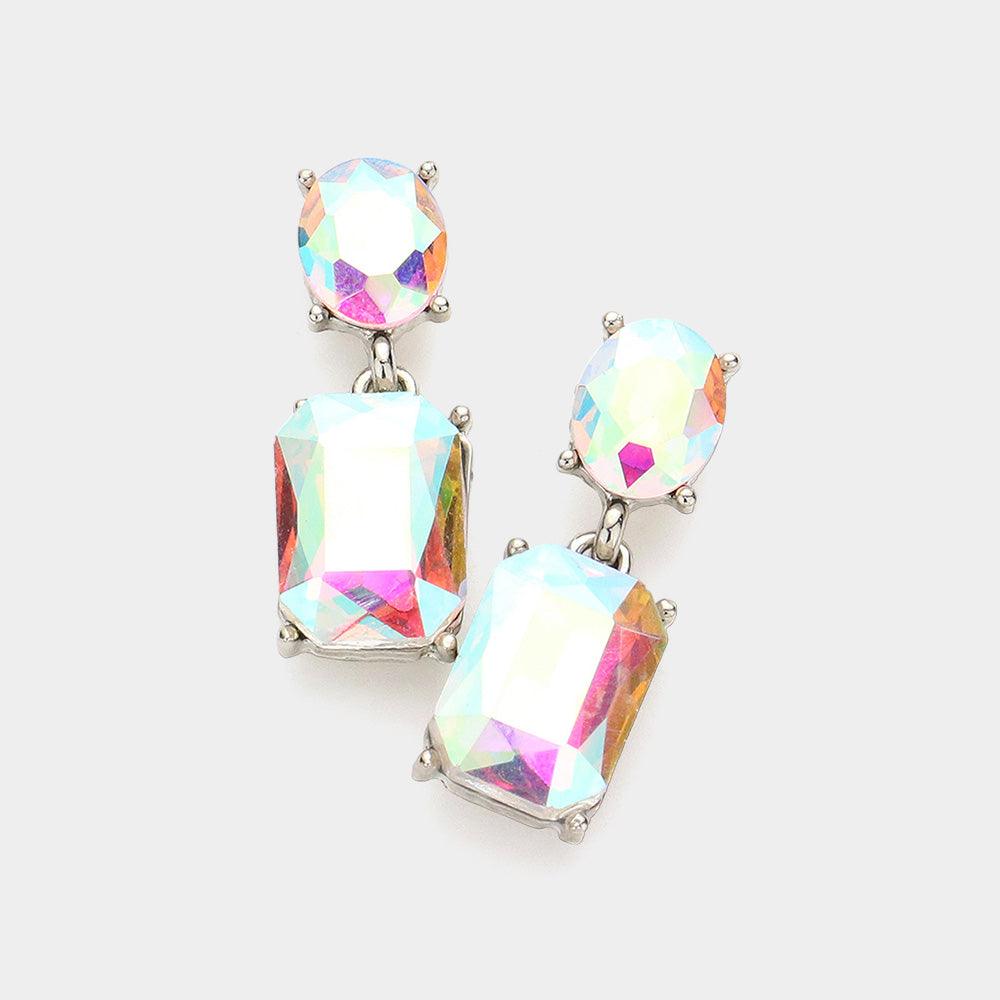 Silver Square Stone Cluster Dangle Evening Earrings