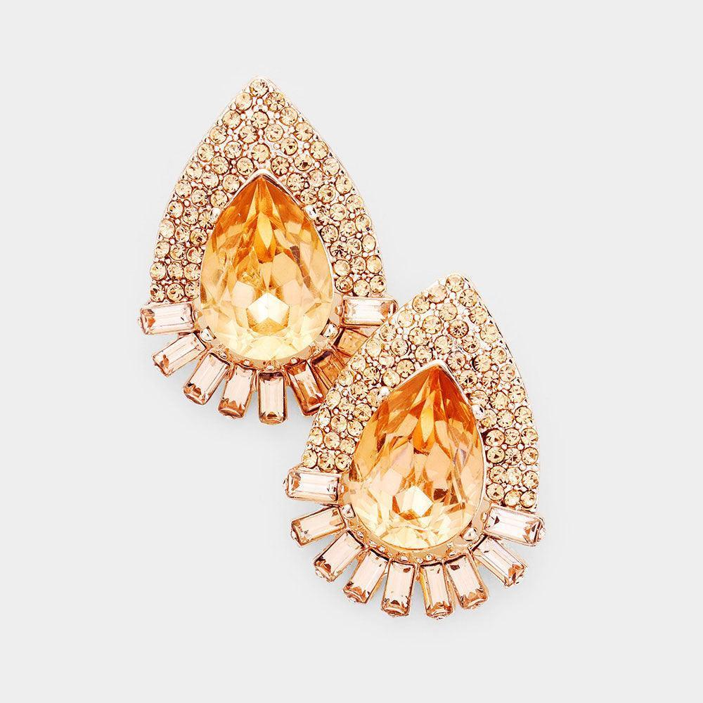 Rose Gold Teardrop Rectangle Stone Detail Evening Stud Earrings - Jewelry Store by Erik Rayo