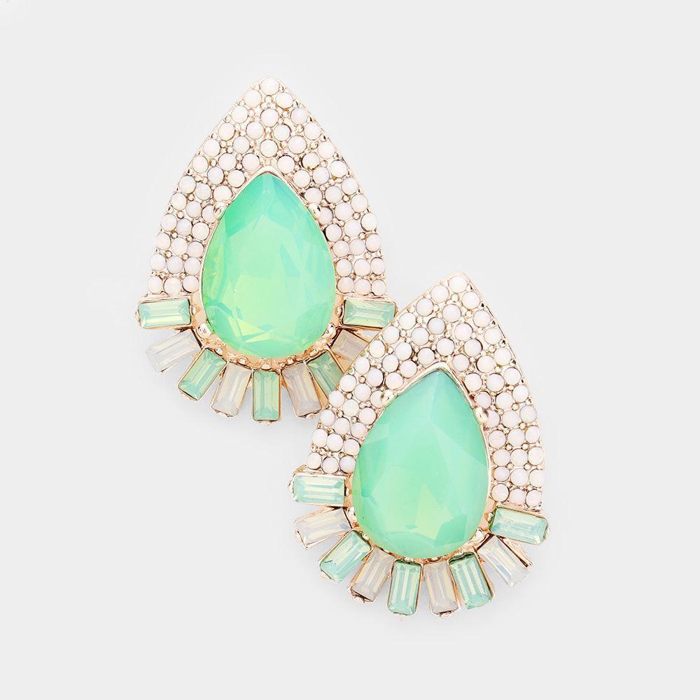 White Teardrop Rectangle Stone Detail Evening Stud Earrings - Jewelry Store by Erik Rayo