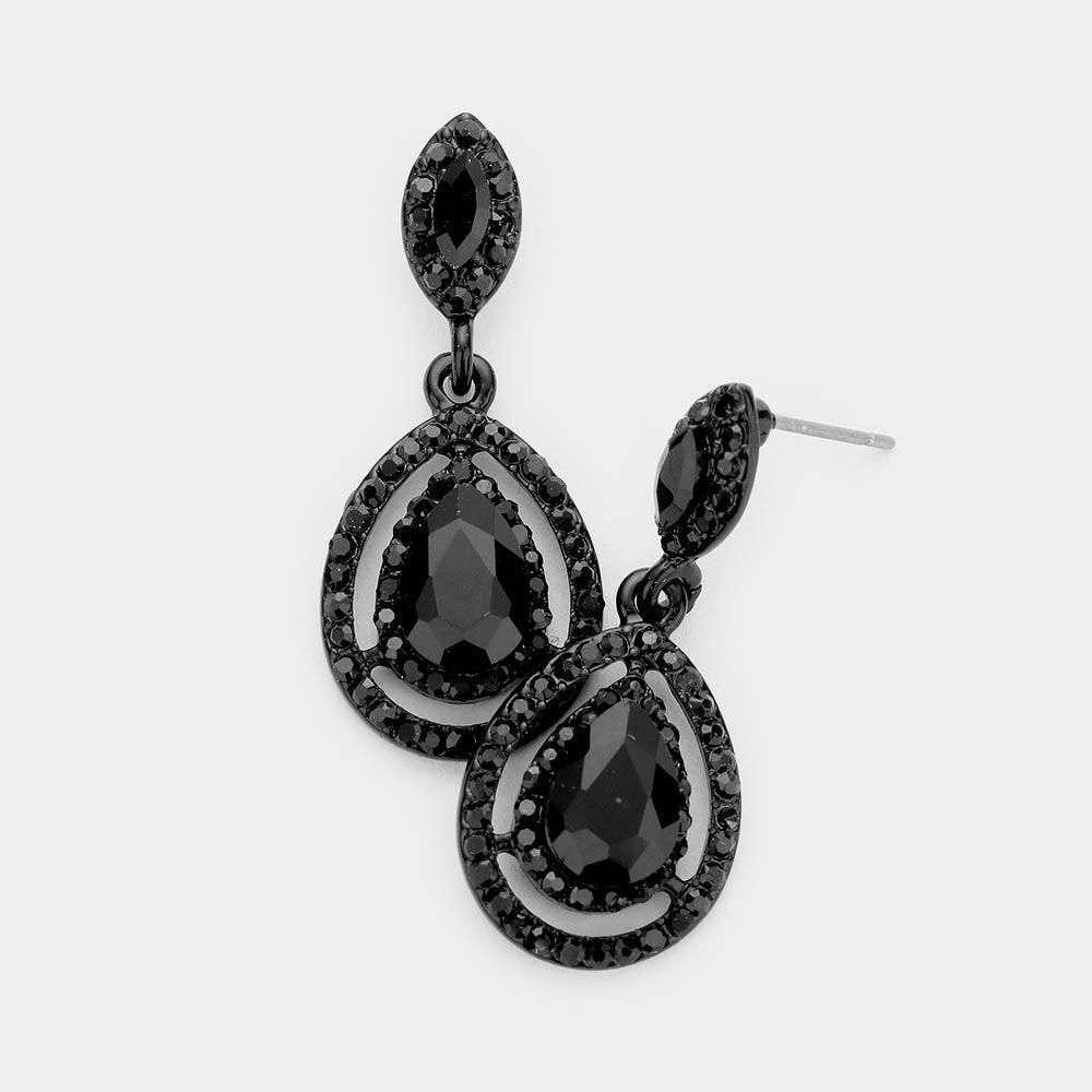 Black Crystal Rhinestone Pave Trim Teardrop Evening Earrings - Jewelry Store by Erik Rayo
