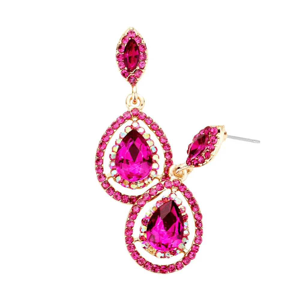 Fuchsia Crystal Rhinestone Pave Trim Teardrop Evening Earrings - Jewelry Store by Erik Rayo