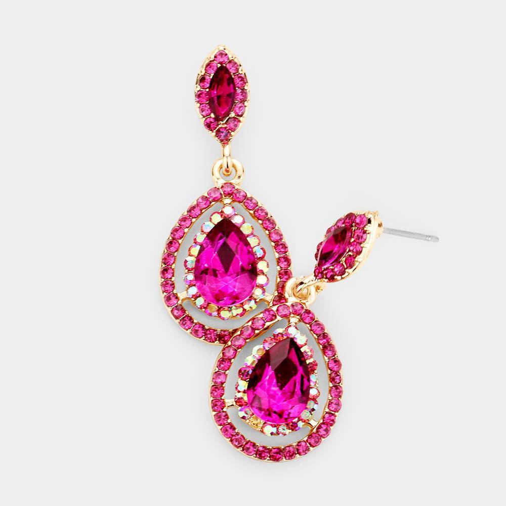 Fuchsia Crystal Rhinestone Pave Trim Teardrop Evening Earrings - Jewelry Store by Erik Rayo