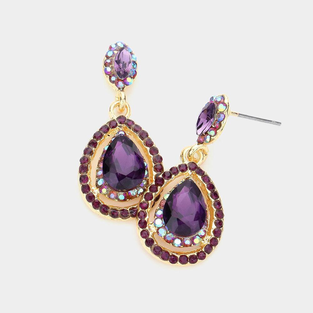 Amethyst Crystal Rhinestone Pave Trim Teardrop Evening Earrings - Jewelry Store by Erik Rayo