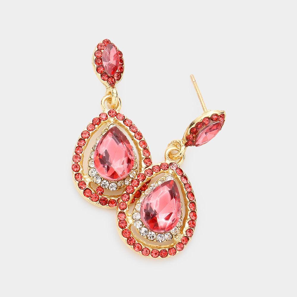 Coral Crystal Rhinestone Pave Trim Teardrop Evening Earrings - Jewelry Store by Erik Rayo