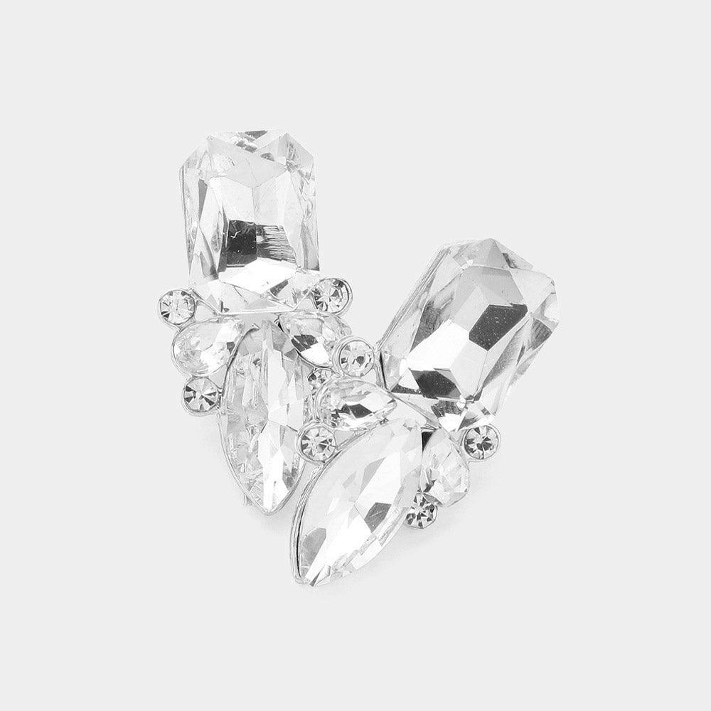 Silver Square Marquise Stone Cluster Evening Earrings