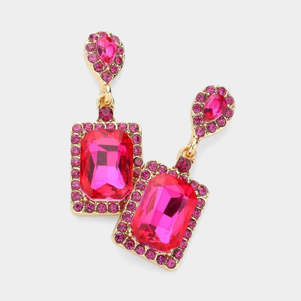 Red Square Stone Cluster Dangle Evening Earrings - Jewelry Store by Erik Rayo