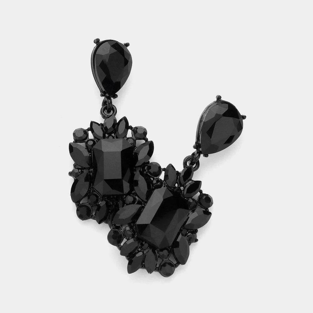 Black Square Teardrop Stone Cluster Dangle Evening Earrings - Jewelry Store by Erik Rayo