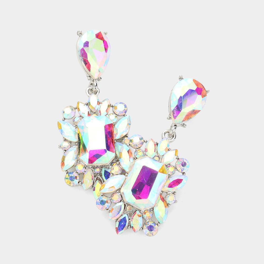 Silver Square Teardrop Stone Cluster Dangle Evening Earrings - Jewelry Store by Erik Rayo