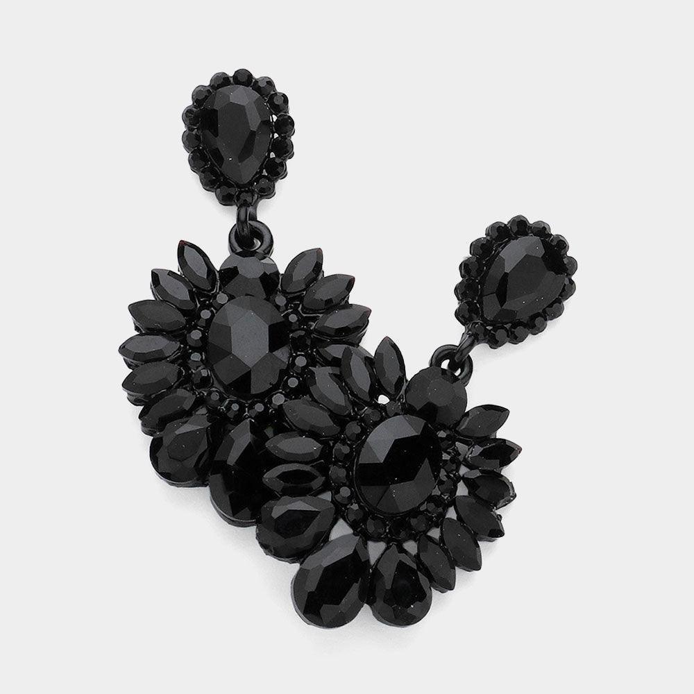 Black Teardrop Stone Cluster Embellished Dangle Evening Earrings - Jewelry Store by Erik Rayo