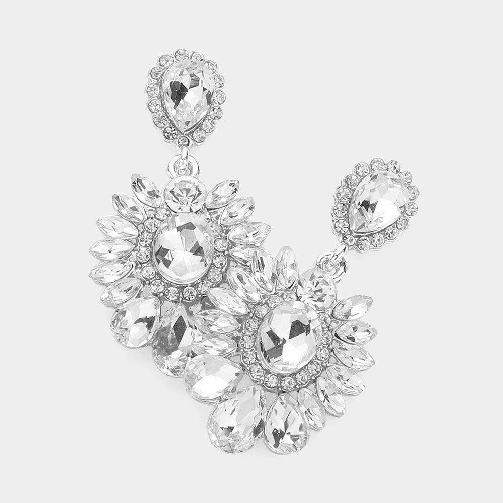 Silver Teardrop Stone Cluster Embellished Dangle Evening Earrings - Jewelry Store by Erik Rayo