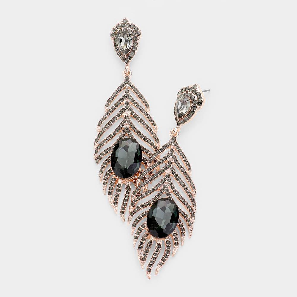 Rose Gold Crystal Rhinestone Feather Evening Earrings - Jewelry Store by Erik Rayo