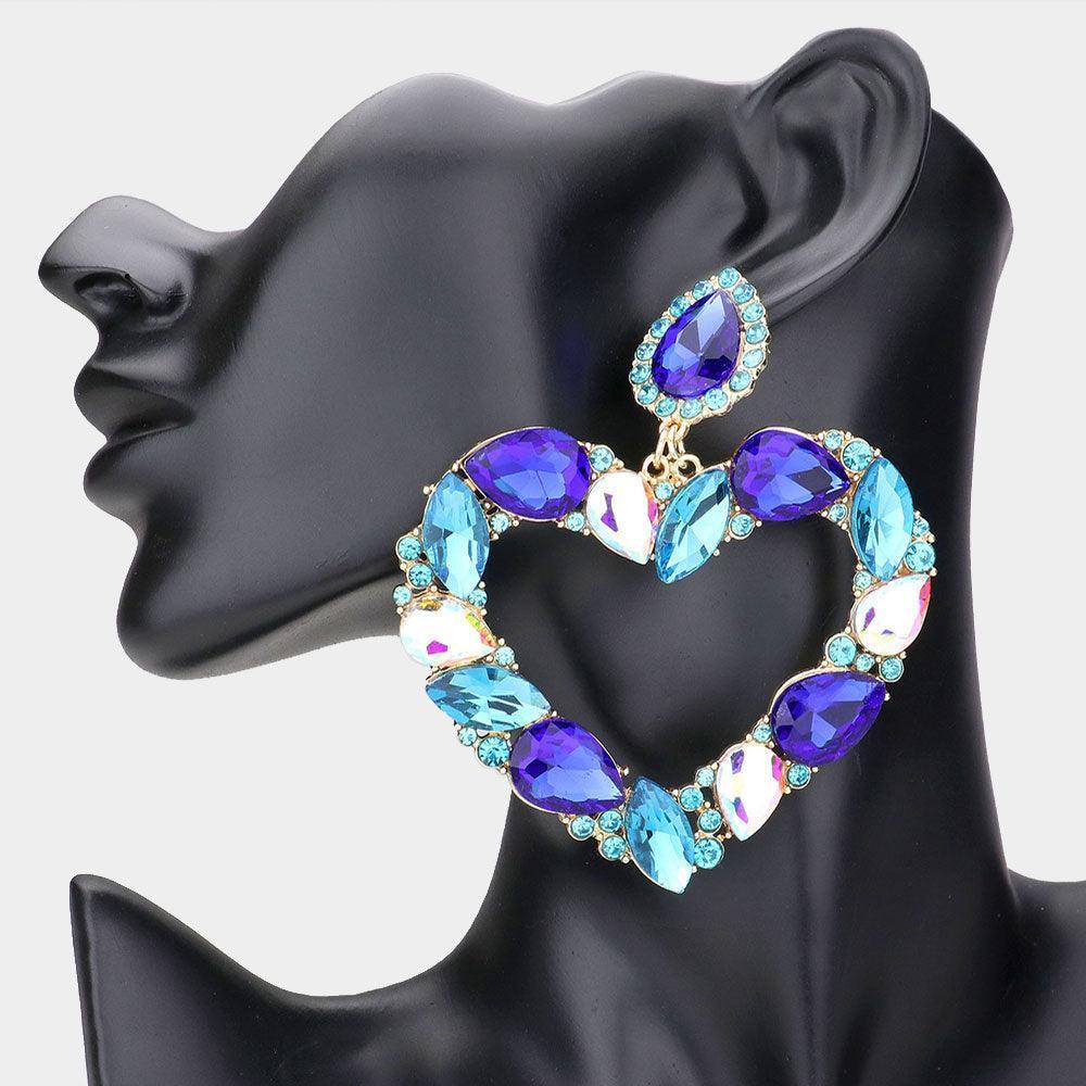 Blue Marquise Teardrop Stone Cluster Open Heart Dangle Evening Earrings - Jewelry Store by Erik Rayo