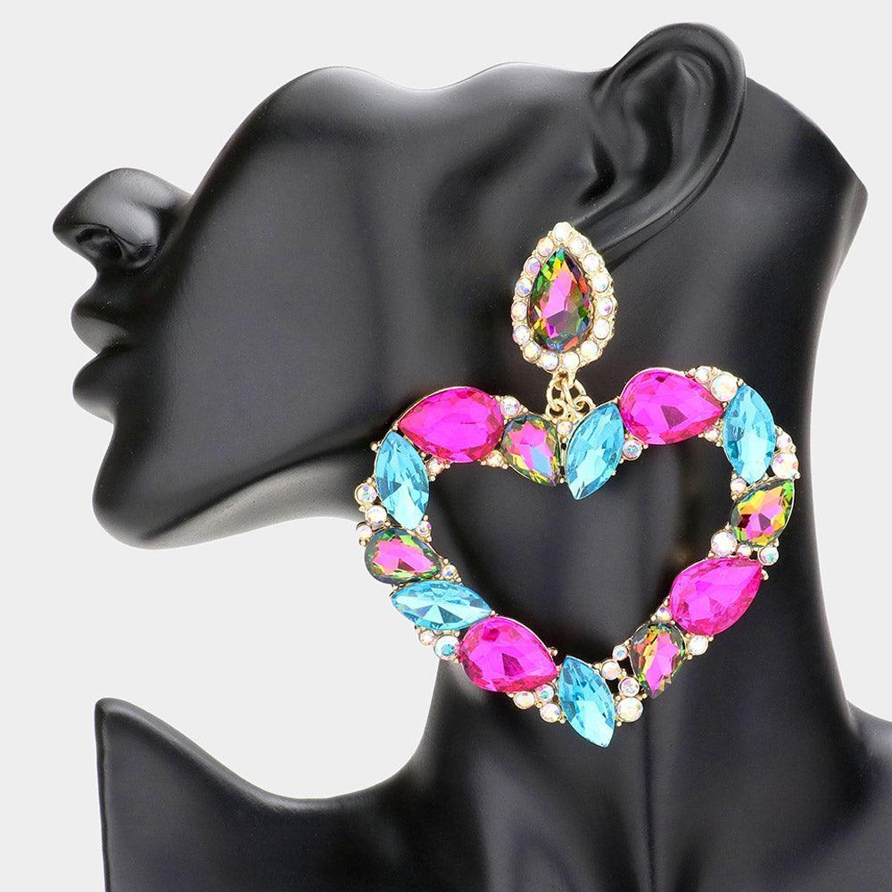 Marquise Teardrop Stone Cluster Open Heart Dangle Evening Earrings - Jewelry Store by Erik Rayo
