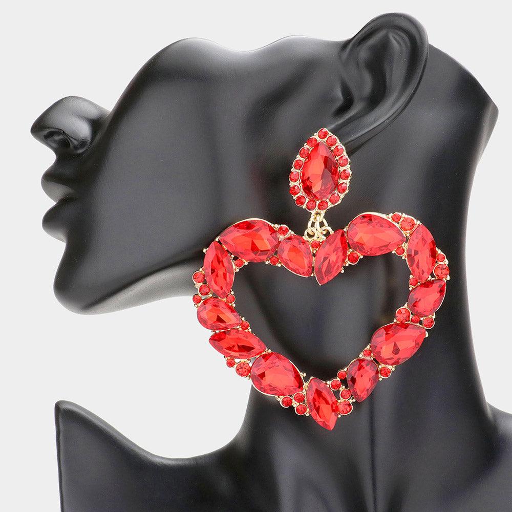 Red Marquise Teardrop Stone Cluster Open Heart Dangle Evening Earrings