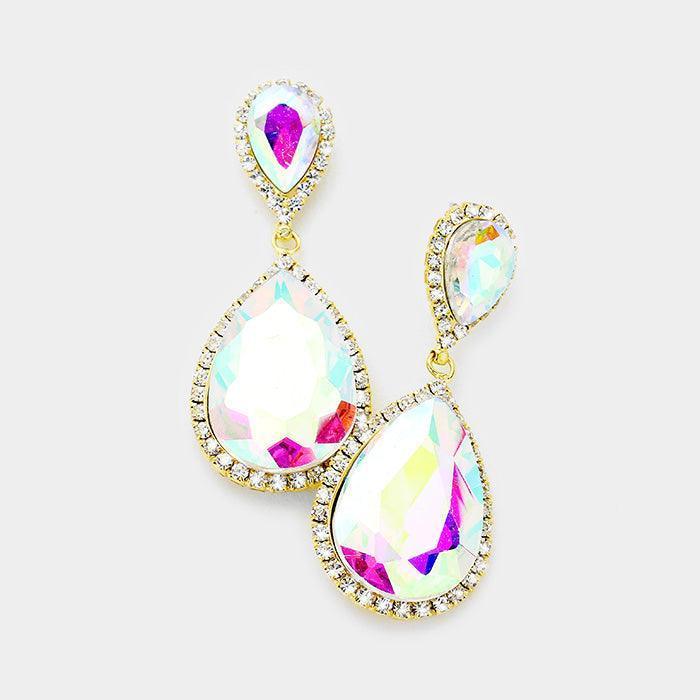 Gold Rhinestone Pave Double Crystal Teardrop Evening Earrings - Jewelry Store by Erik Rayo