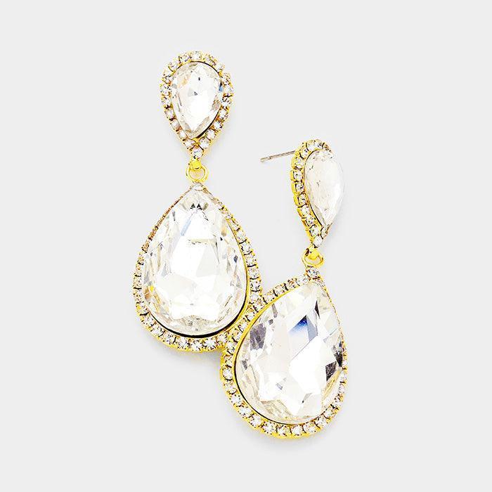 Gold Rhinestone Pave Double Crystal Teardrop Evening Earrings - Jewelry Store by Erik Rayo