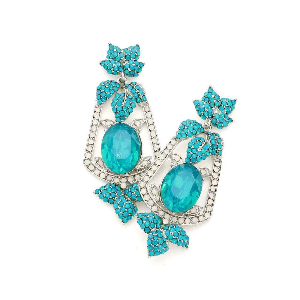 Blue Oval Stone Accented Rhinestone Leaf Evening Dangle Earrings - Jewelry Store by Erik Rayo