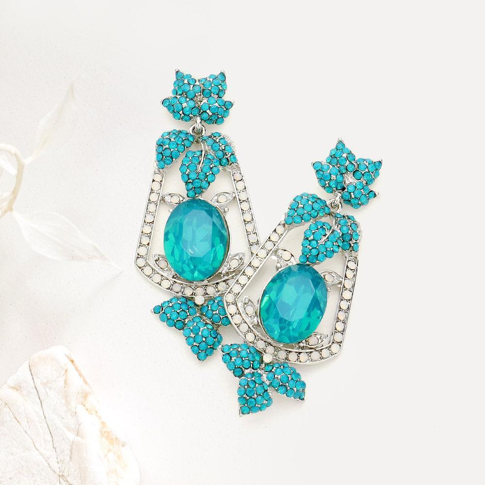 Blue Oval Stone Accented Rhinestone Leaf Evening Dangle Earrings - Jewelry Store by Erik Rayo