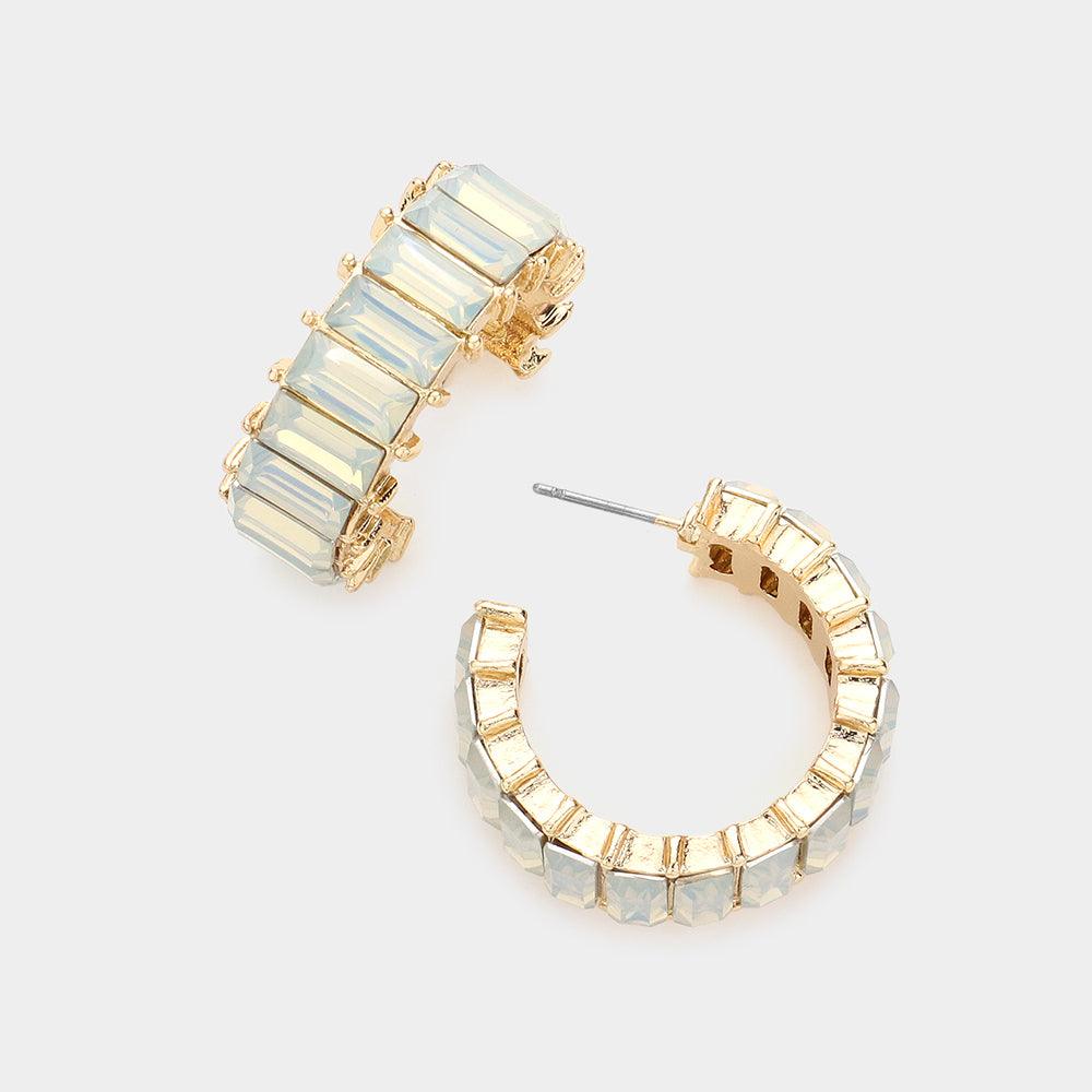 White Baguette Stone Cluster Hoop Evening Earrings