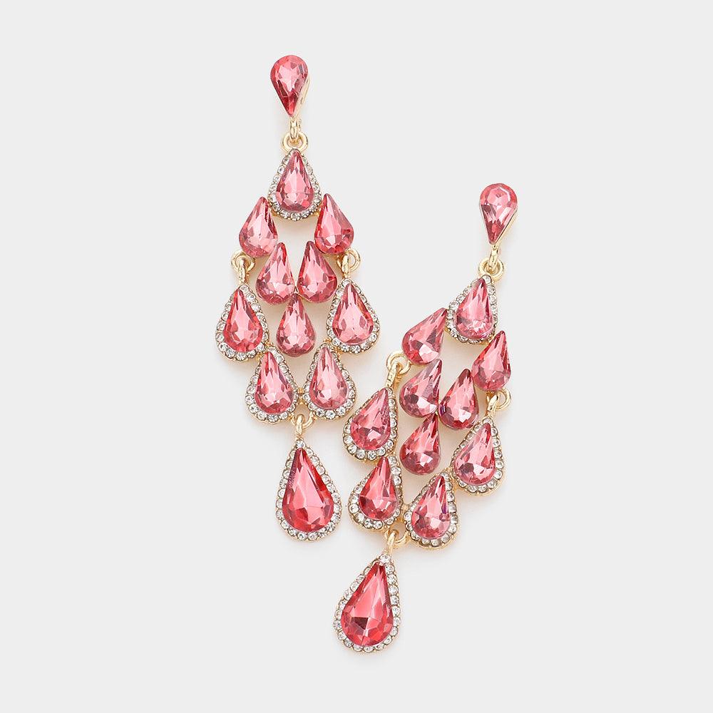 Coral Glass Crystal Chandelier Evening Earrings