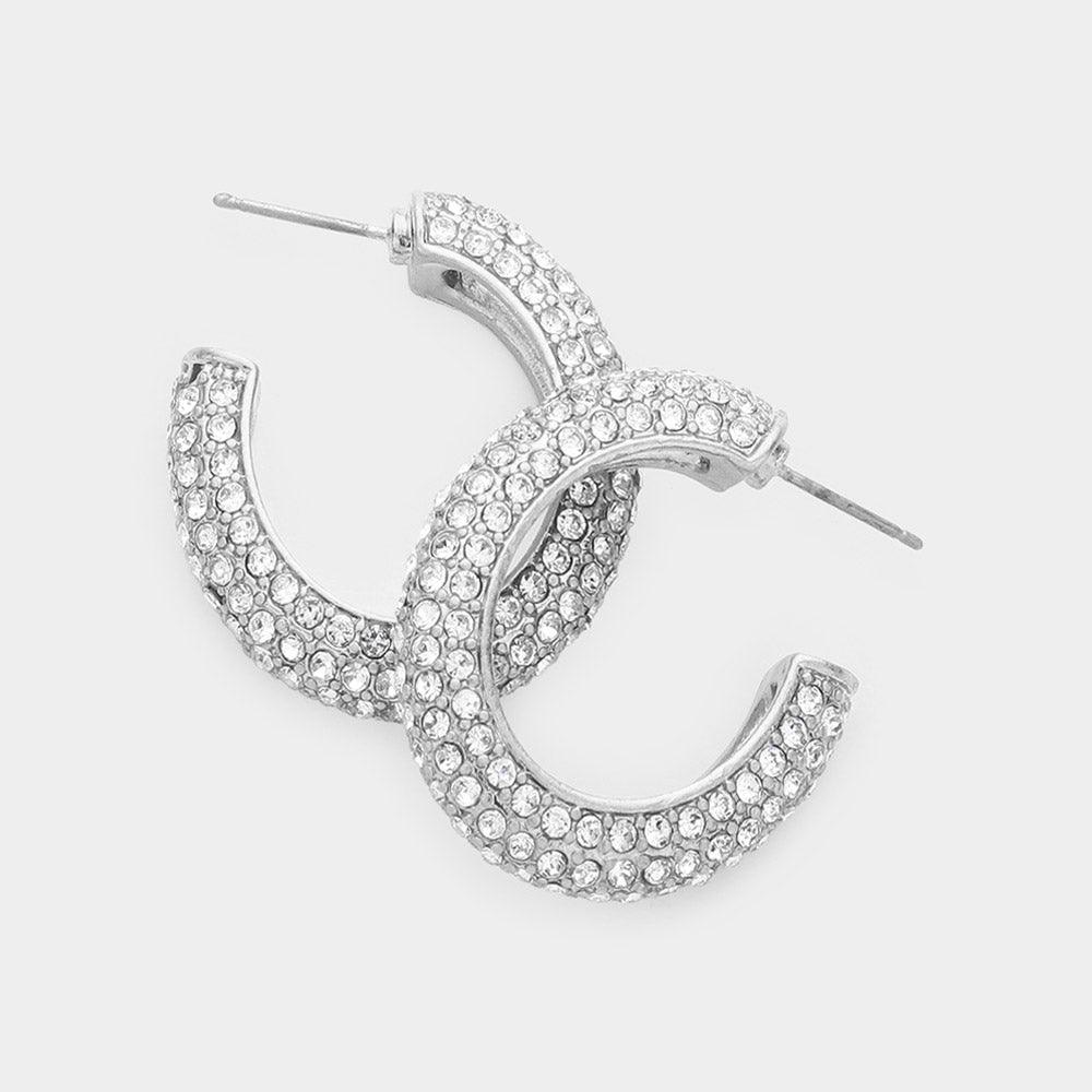 Silver Rhinestone Embellished Oval Hoop Evening Earrings