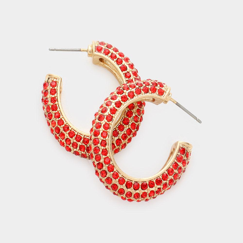 Red Rhinestone Embellished Oval Hoop Evening Earrings