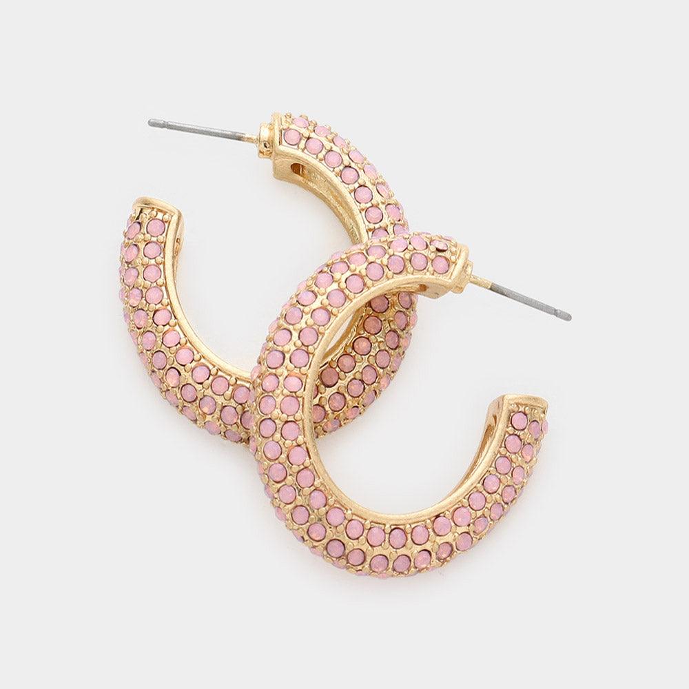 Pink Rhinestone Embellished Oval Hoop Evening Earrings