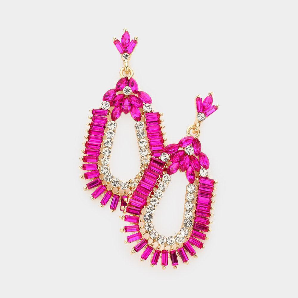 Fuchsia Baguette Cut Crystal Rhinestone Evening Earrings - Jewelry Store by Erik Rayo
