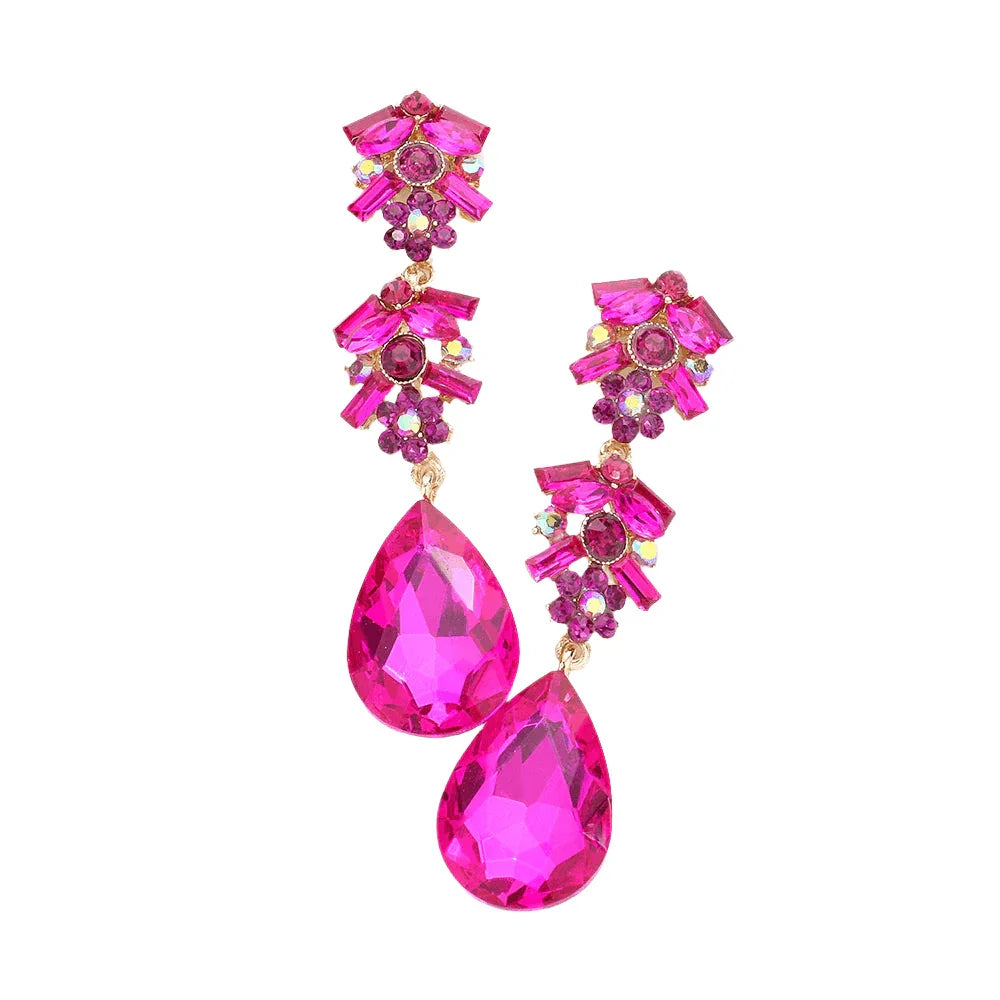 Fuchsia Chunky Pear Crystal Floral Evening Drop Earrings - Jewelry Store by Erik Rayo