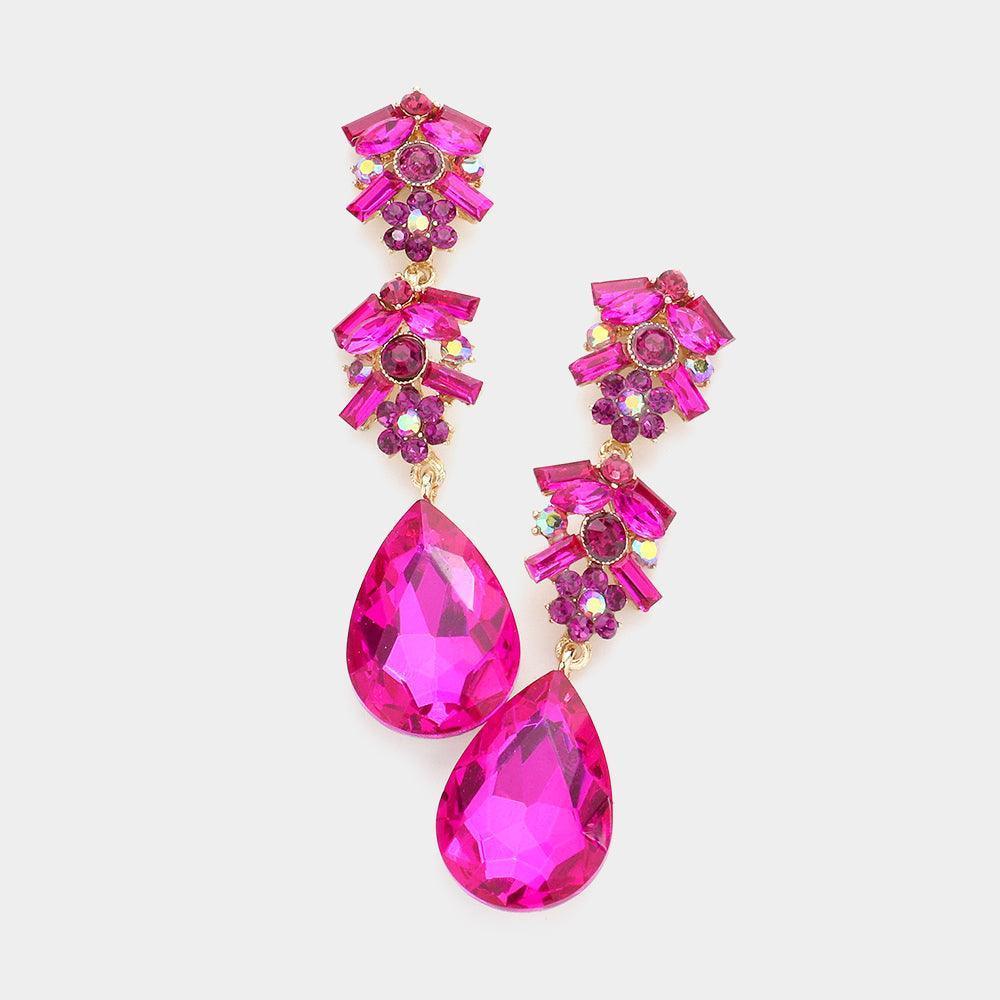 Fuchsia Chunky Pear Crystal Floral Evening Drop Earrings - Jewelry Store by Erik Rayo